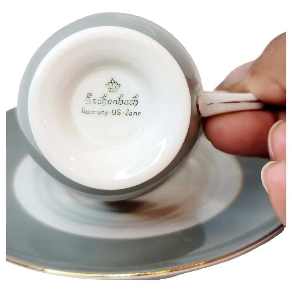 Vintage Demitasse Cup & Saucer Baronet Eschenbach Germany Gray Gold Fowers‎